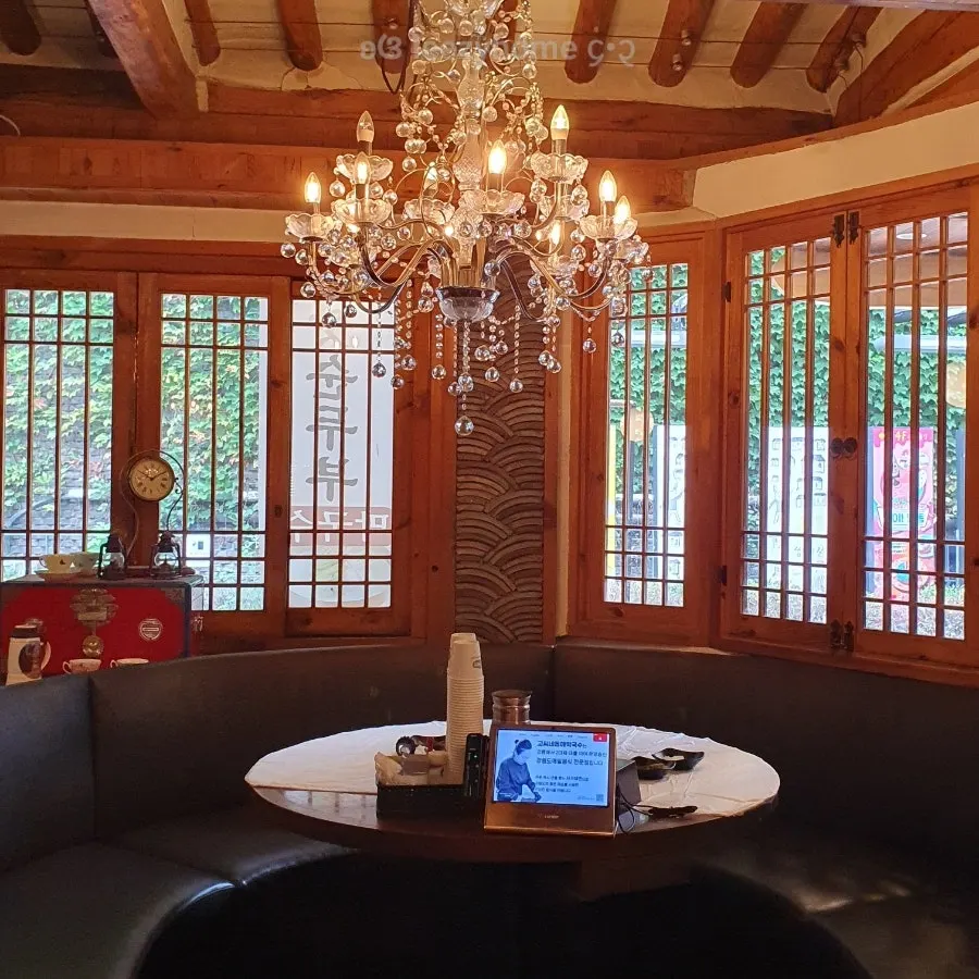 Seating inside the restaurant with a hanok atmosphere