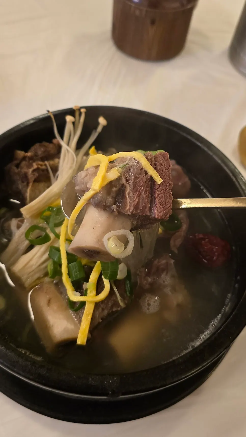 Close-up of the rich galbitang broth