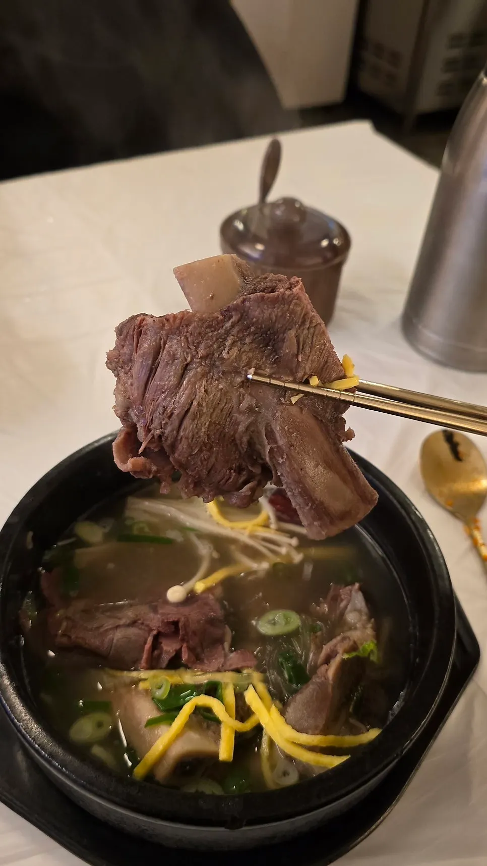 Short rib meat picked apart from the galbitang