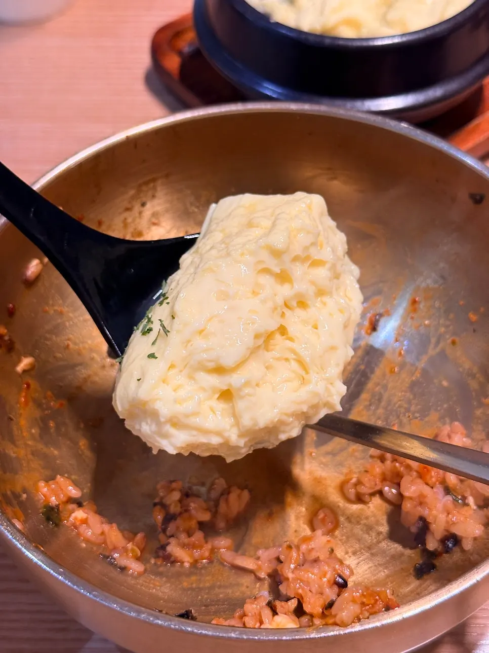 Close-up of kimchi stew eaten with rice