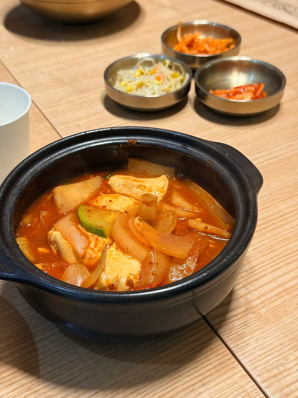 A full Korean meal spread at the terminal