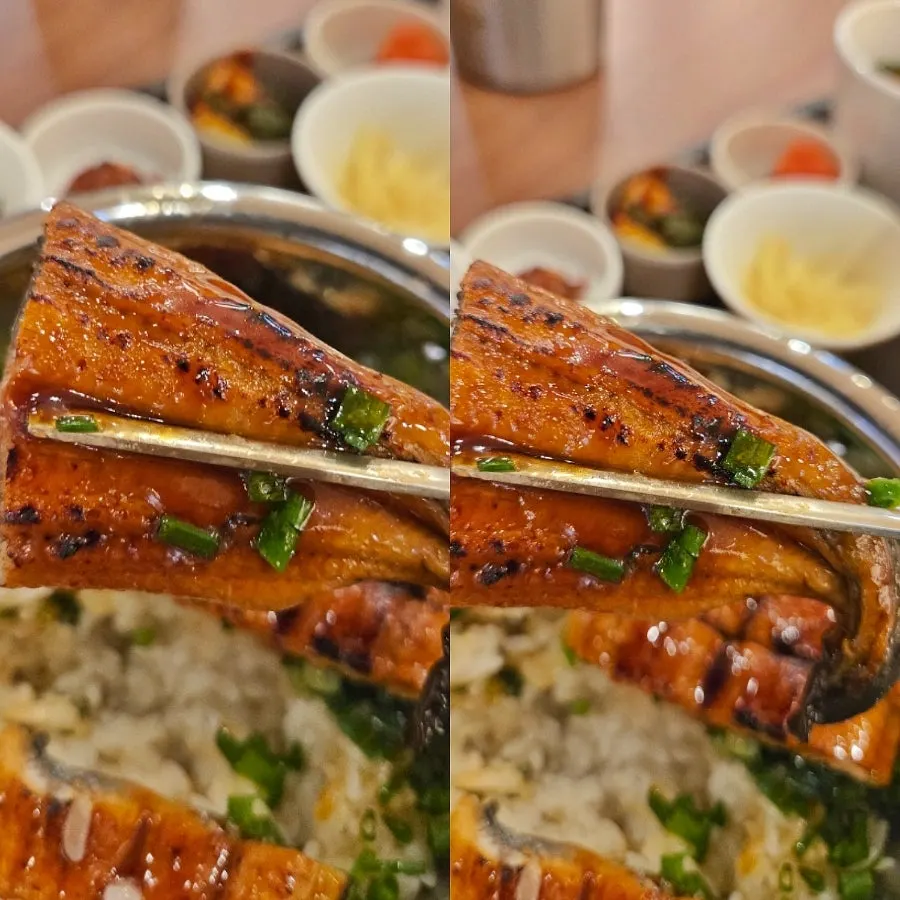 A bowl of eel hot pot rice portioned out following the instructions