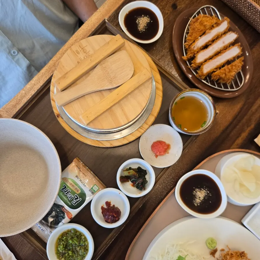 Full spread of the spring greens wild sea bream pot rice tonkatsu set