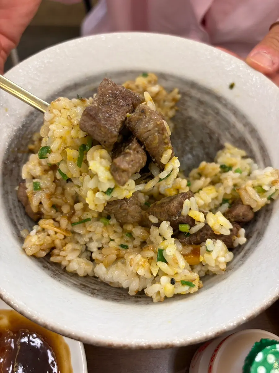 Steak pot rice topped with wasabi and salted pollock roe