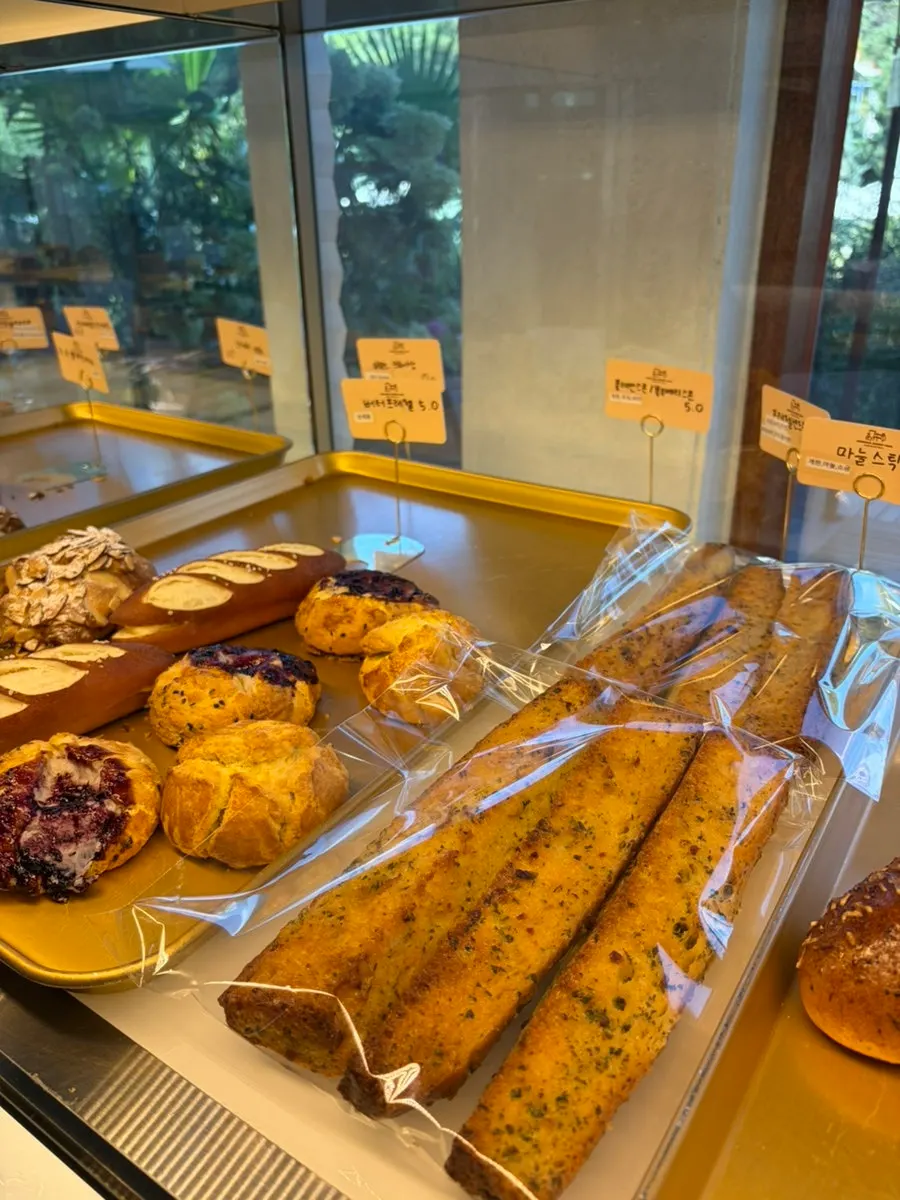 View of the bread display inside the café