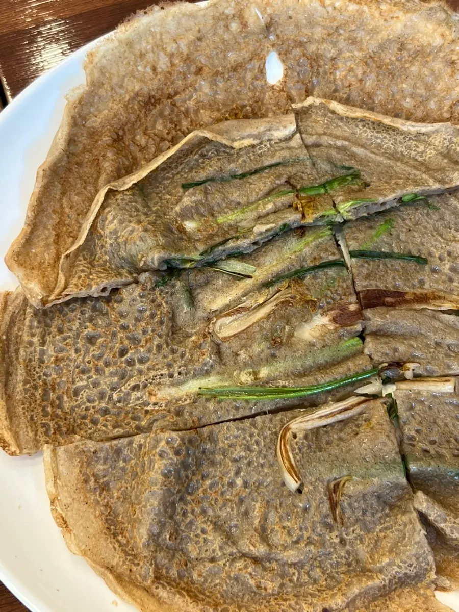 Close-up of bibim makguksu buckwheat noodles
