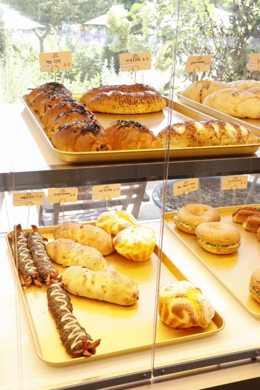 Bakery case fully stocked with bread