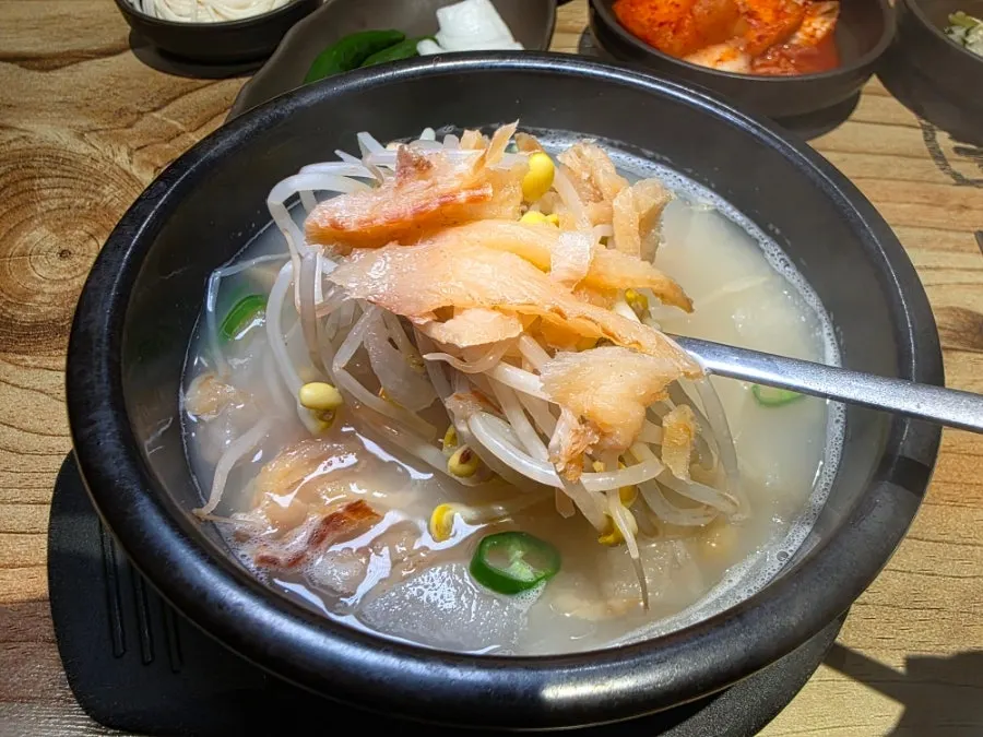 Hangover soup generously filled with dried pollack and bean sprouts