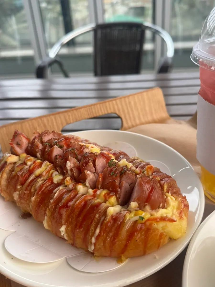 Cross-section of the potato sausage bread showing mashed potato