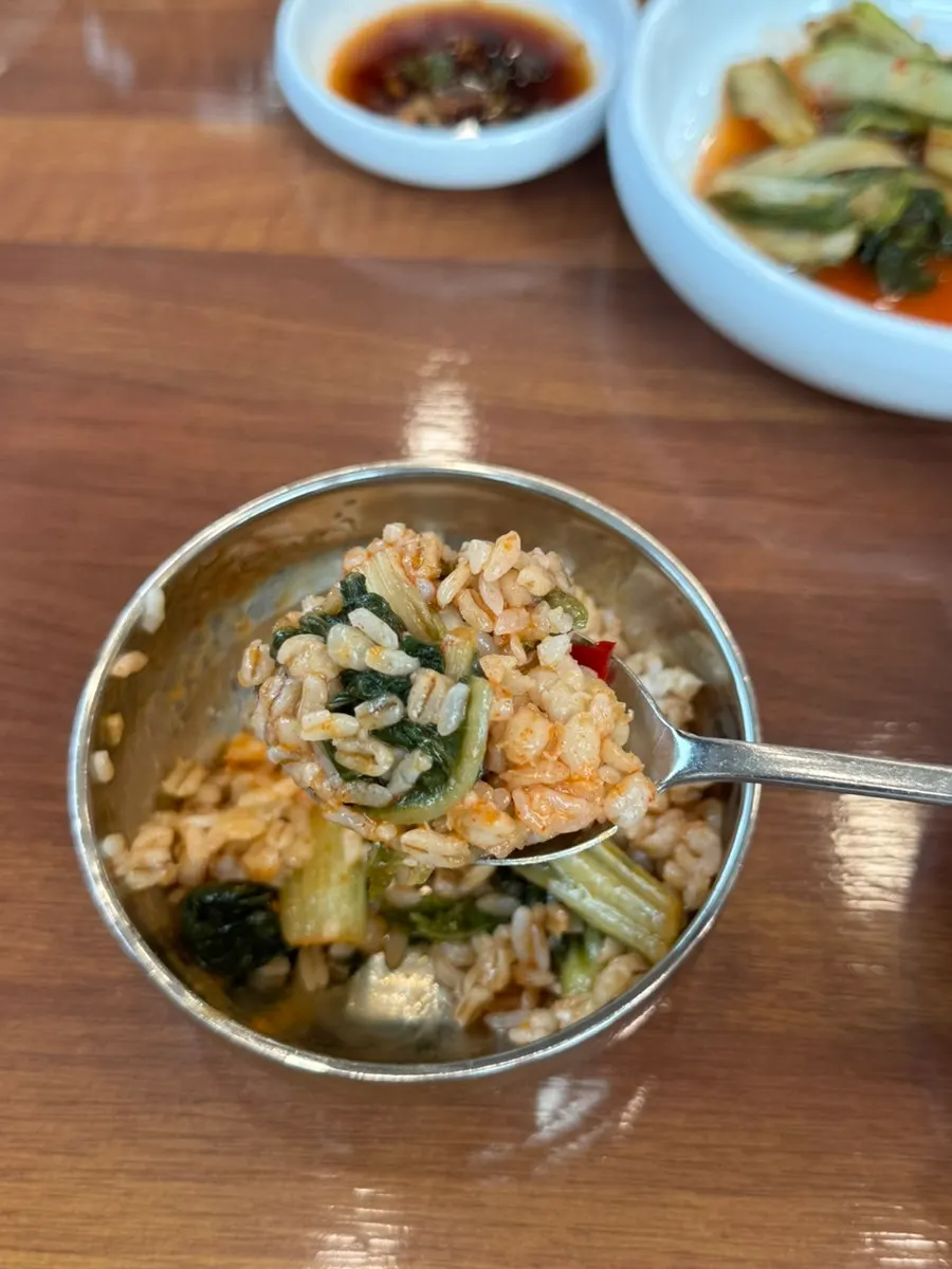 Barley rice topped with yeolmu kimchi and gochujang