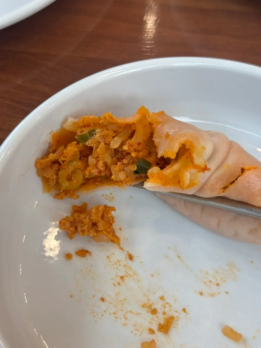 Cross-section of a buckwheat dumpling packed with filling