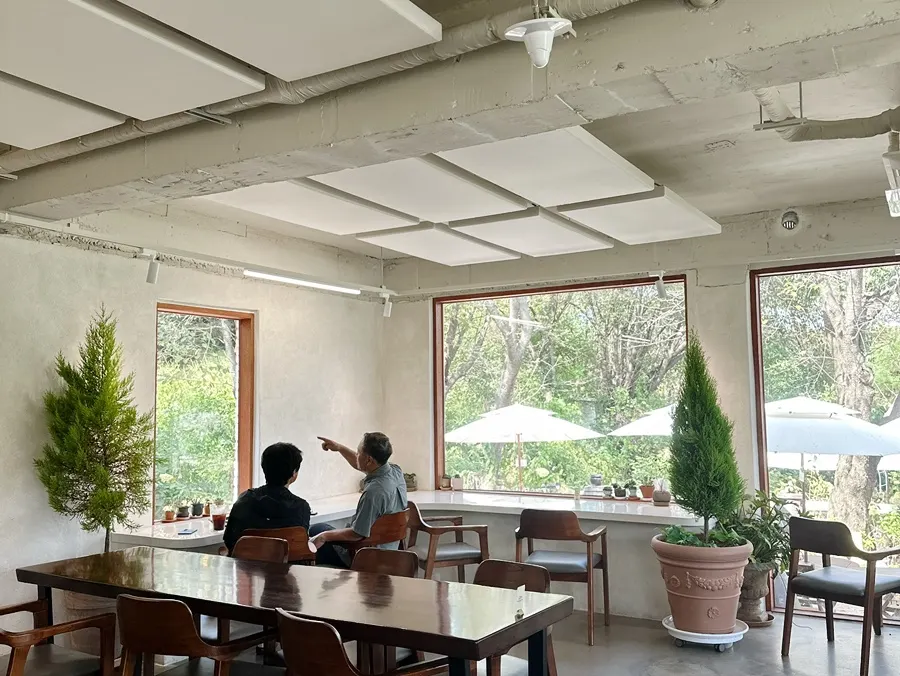 Spacious café interior across two floors
