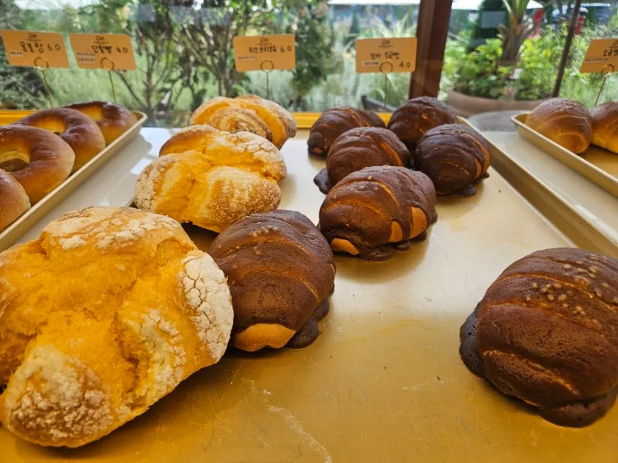 Various types of bread on the display shelf
