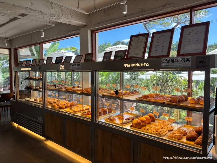 Baked goods displayed in the glass case