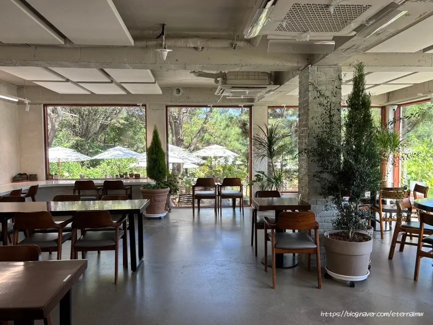 Indoor seating lit by floor-to-ceiling windows