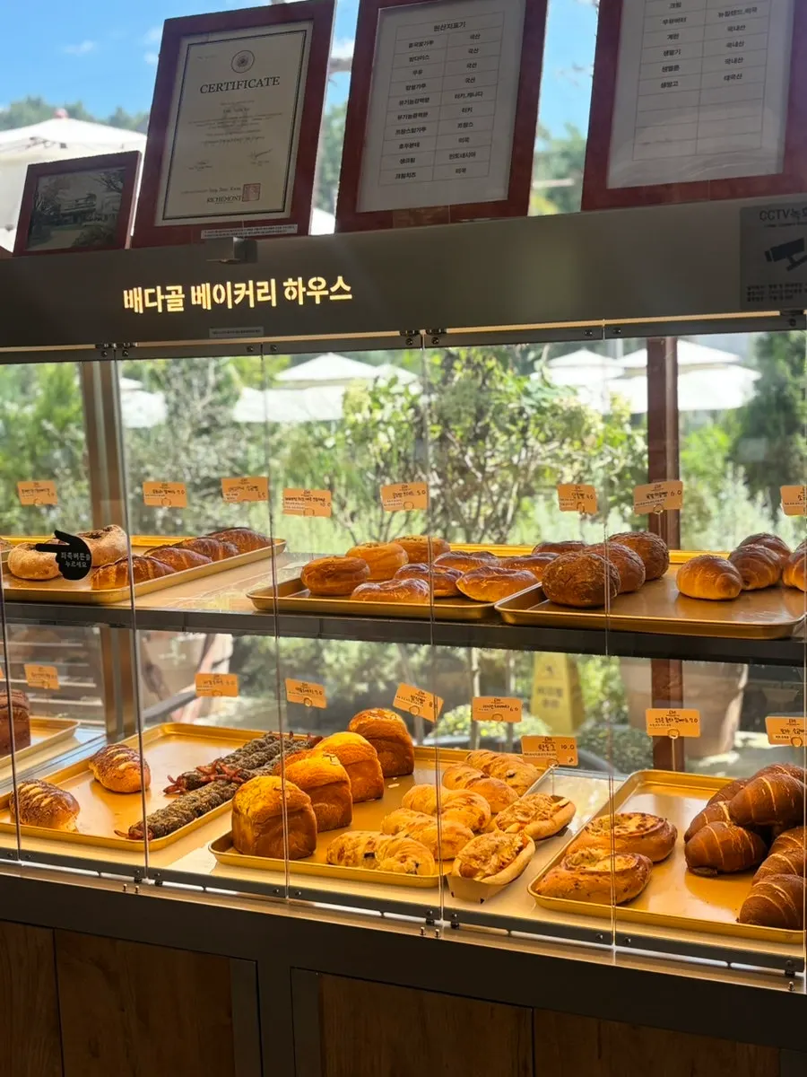빵이 가득 진열된 베이커리 매대
