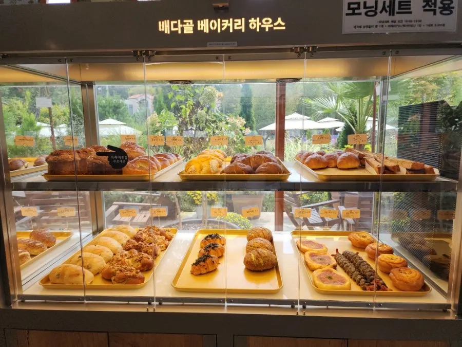 Glass showcase with same-day baked bread on display