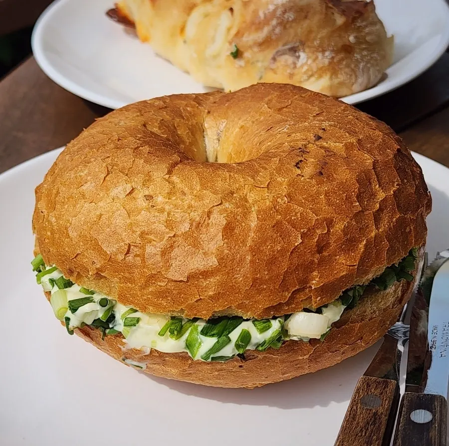 Onion ciabatta with cheese cubes and olives