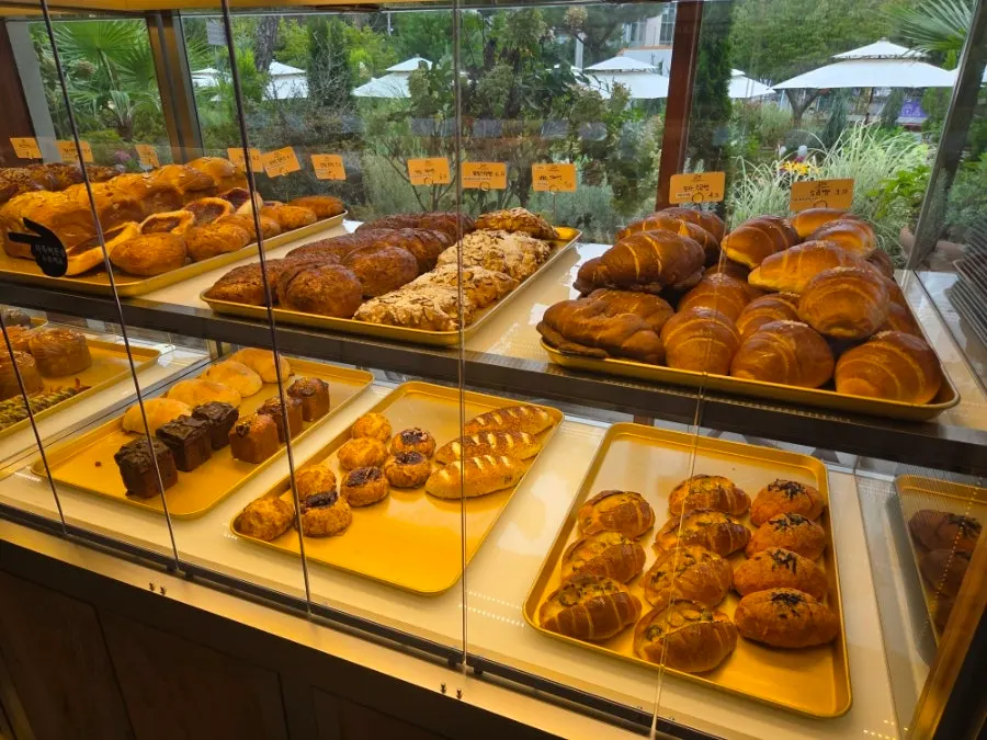 Bakery items displayed in a showcase