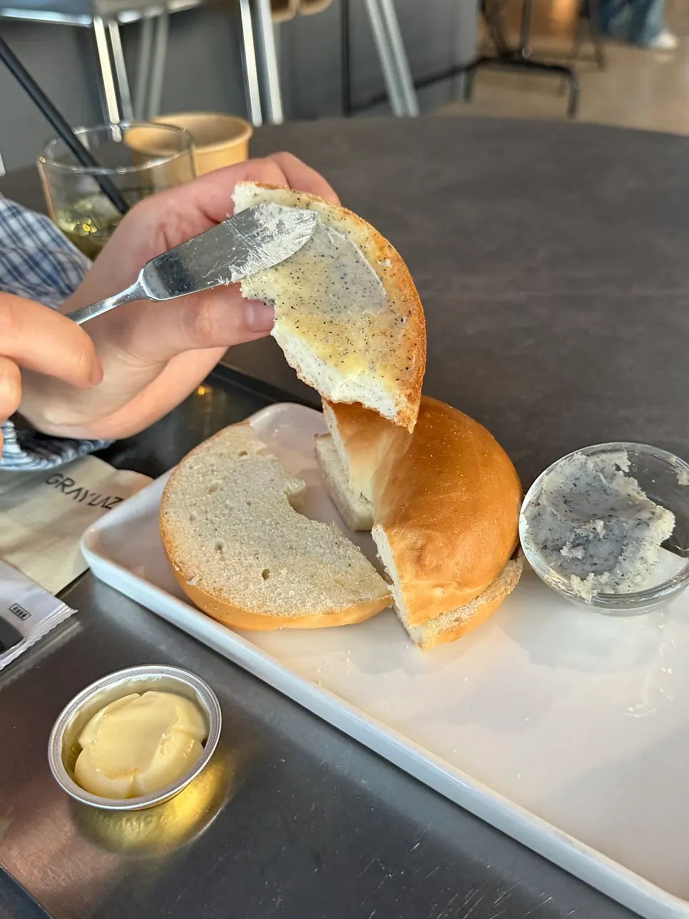Bagel spread with house-made black sesame spread