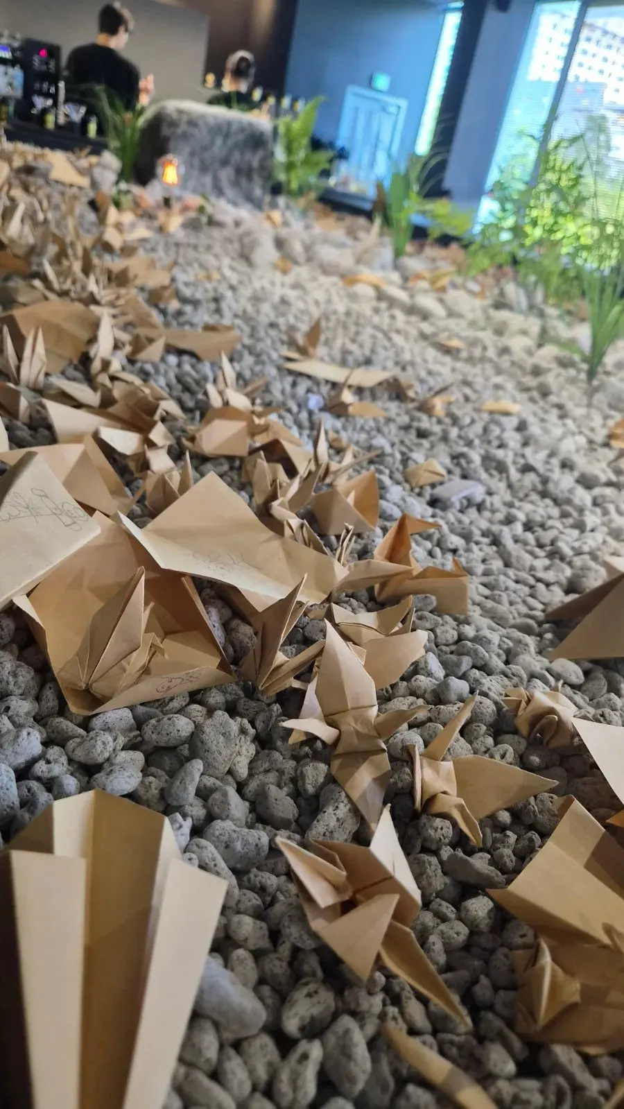 Customers' wish notes and paper folding pieces placed in the dry garden
