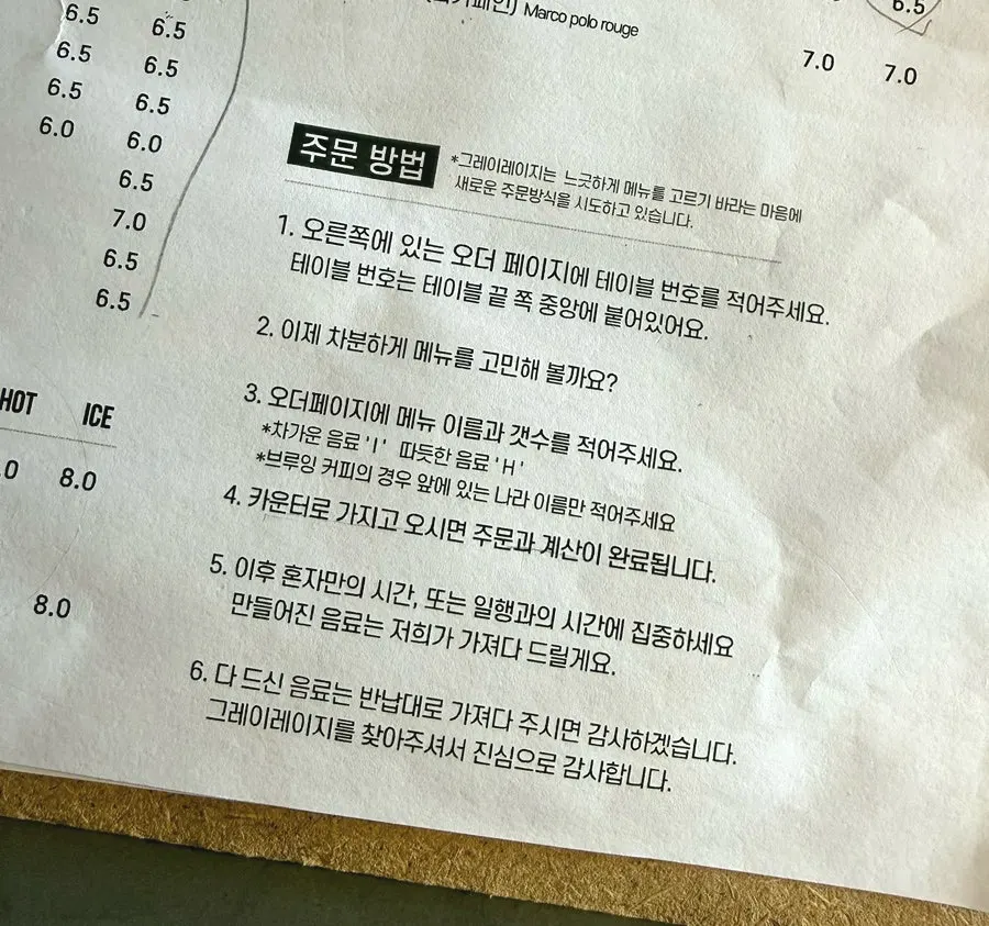 Menu kertas yang menyenaraikan minuman dan dessert