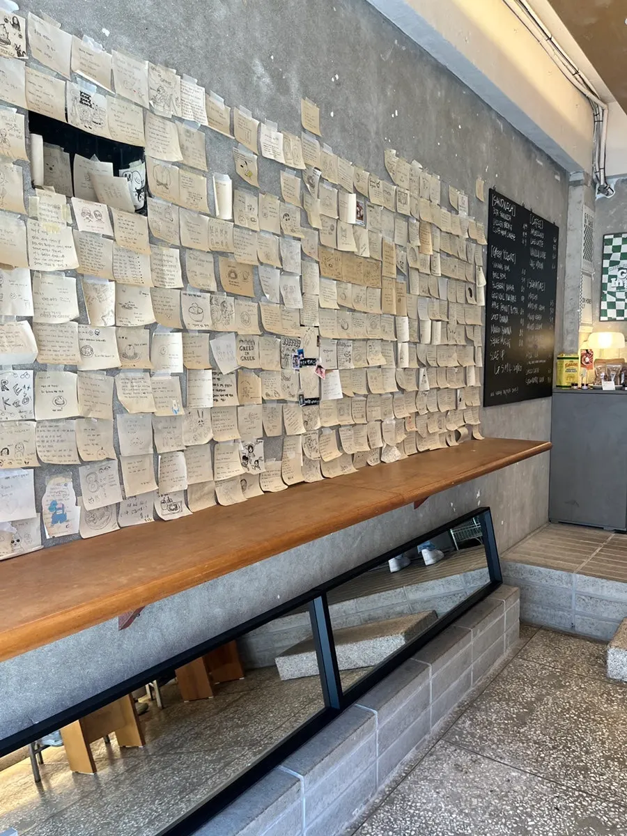 Interior wall of Grid in Greek covered with customer notes