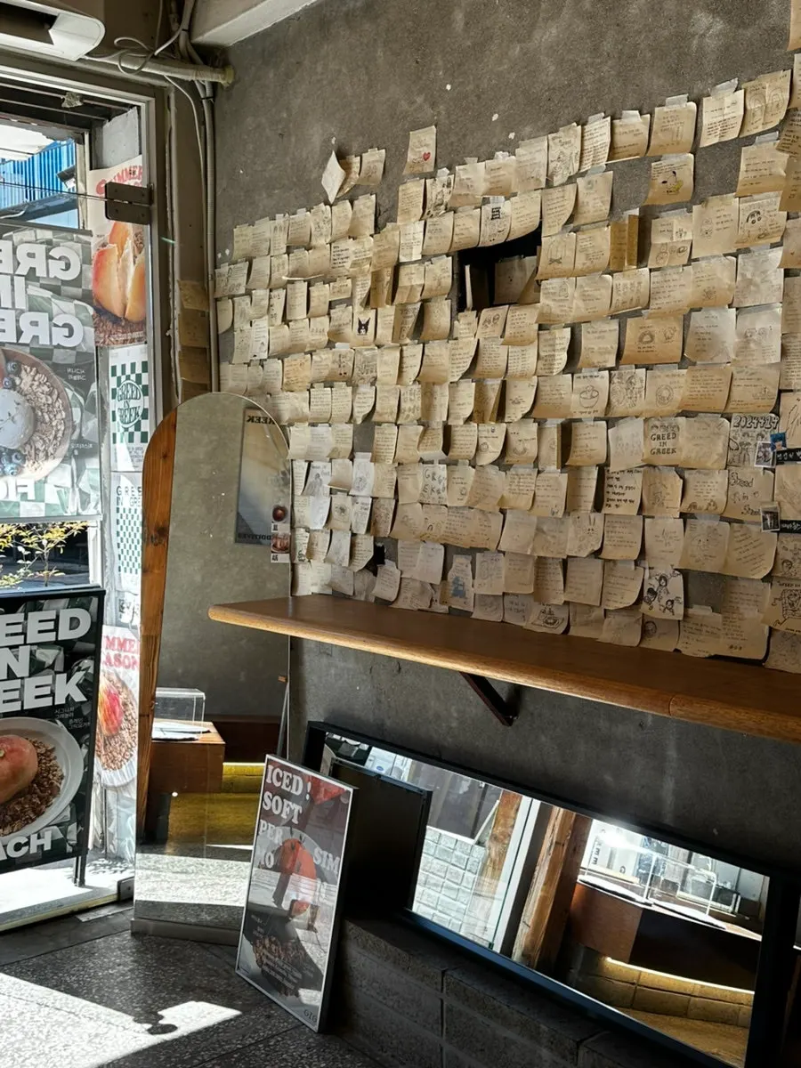 Wall covered in review notes arranged in a grid pattern