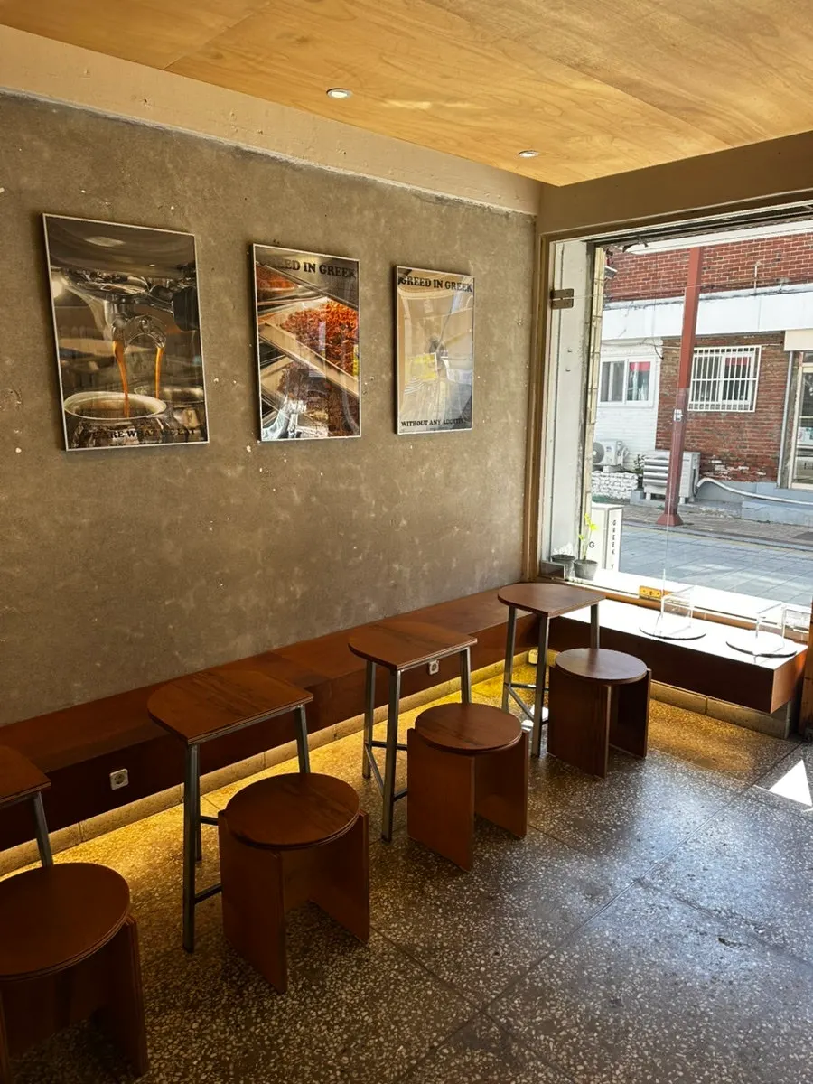 Café interior seating with wood-toned decor