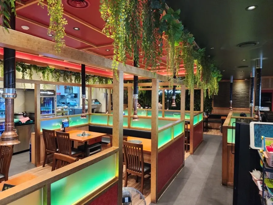 Interior of the restaurant with wood-toned decor