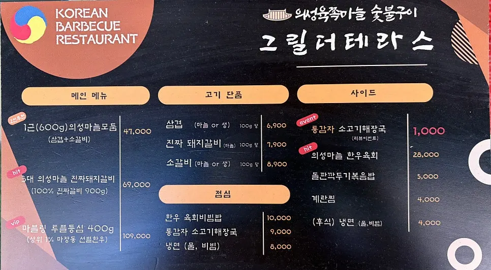 Menu board featuring both beef and pork dishes