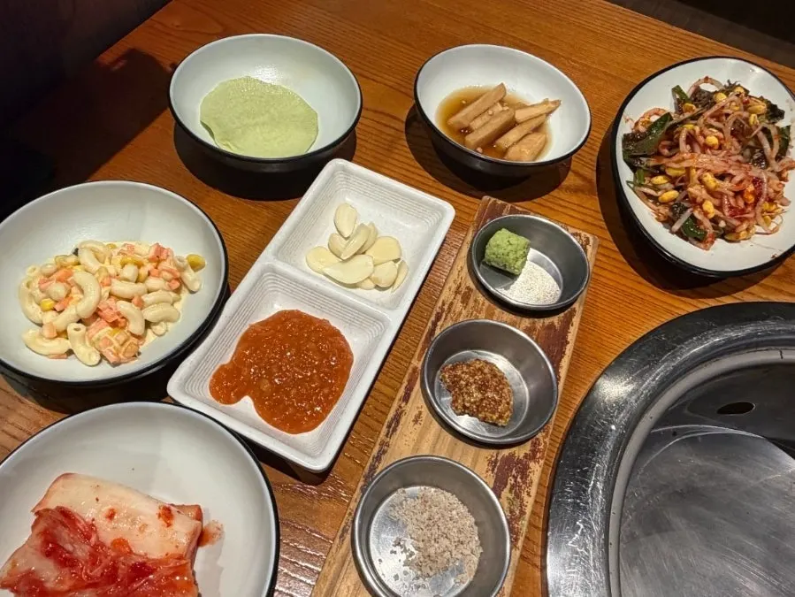 Plate of sauces: ssamjang, wasabi, salt, and mustard