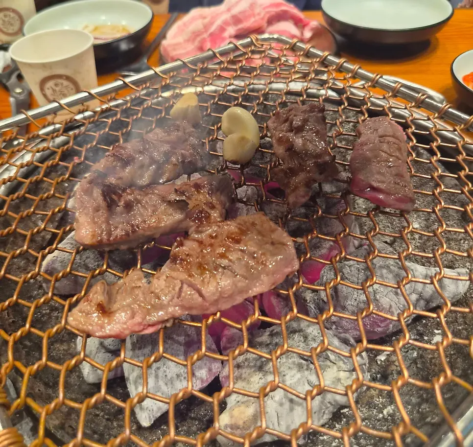 Meat turning golden on the charcoal grill