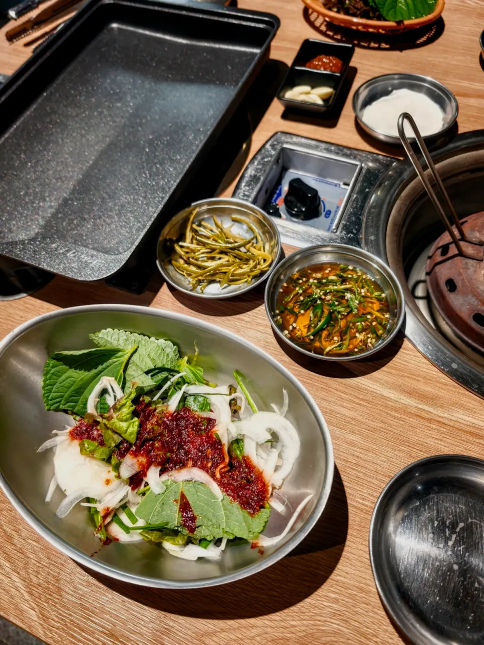 Basic banchan and wrap greens spread at Grill Duck