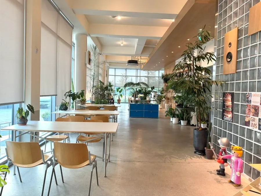 Indoor seating at Geurimseu Cafe with plants placed around