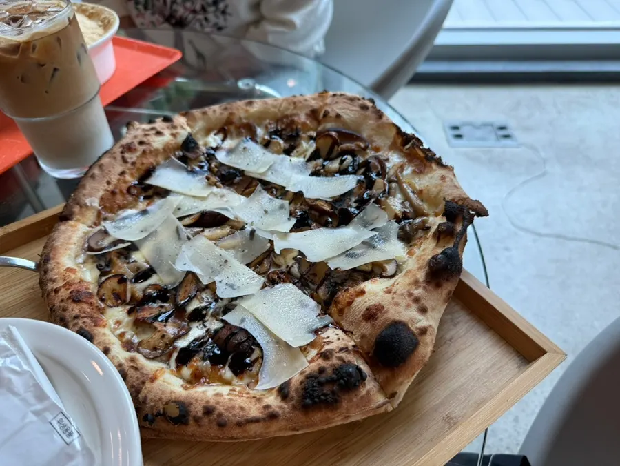 A whole balsamic mushroom pizza