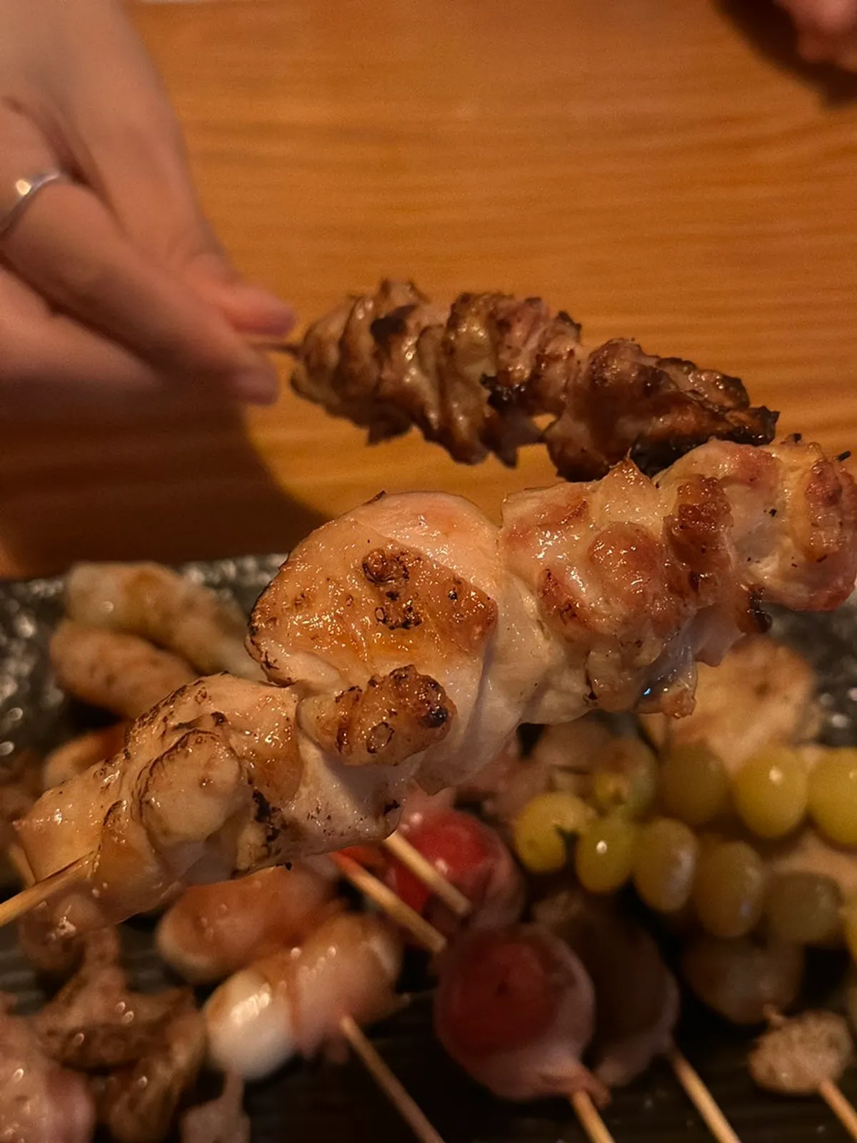 Close-up of charcoal-grilled skewers
