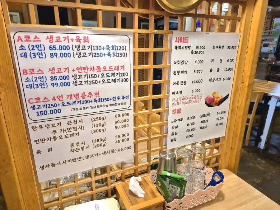 Beef menu and set information at Bonghwa Saenggogi Bonjeom