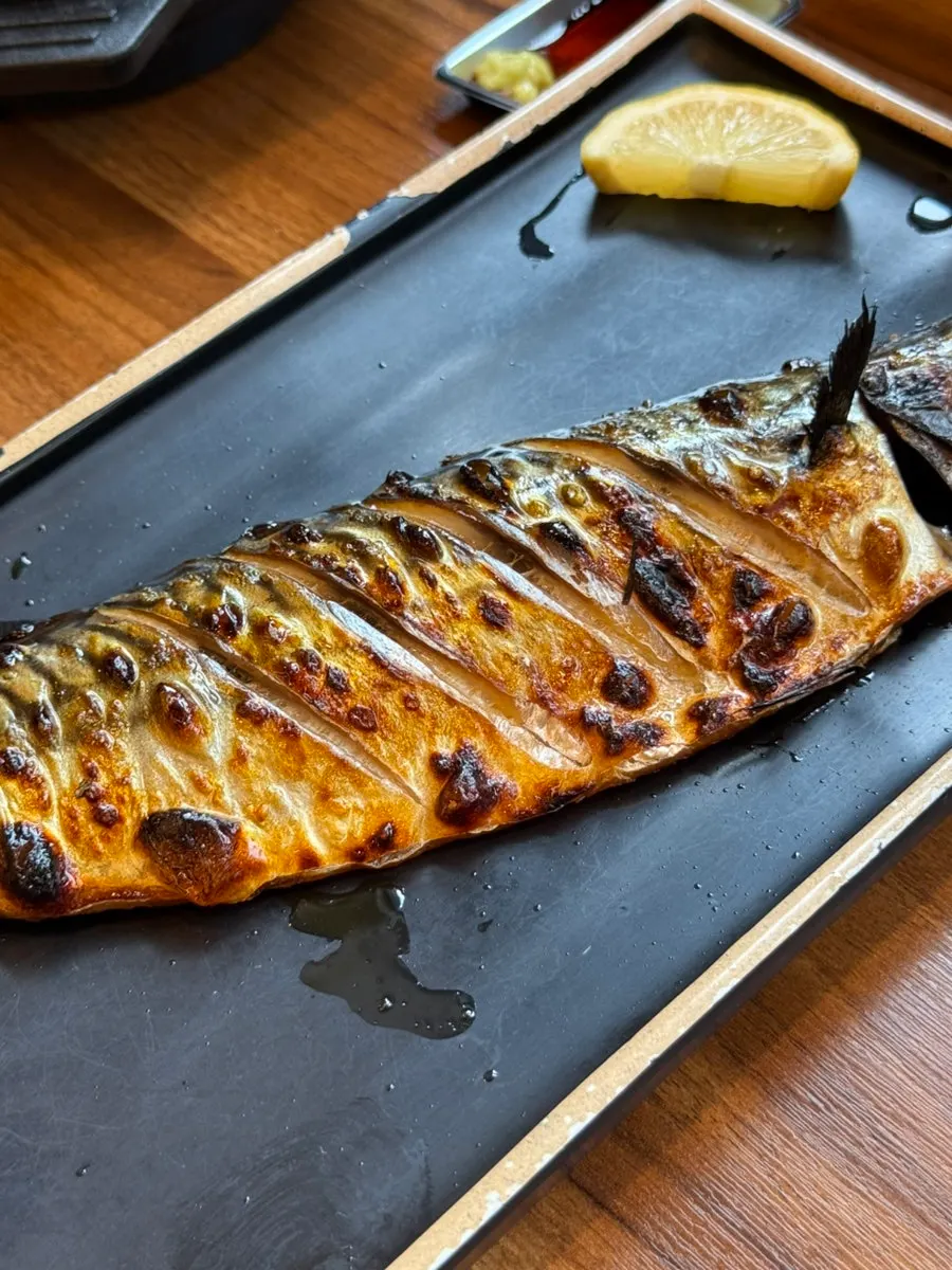Full spread of Guigo's wood-fired grilled mackerel