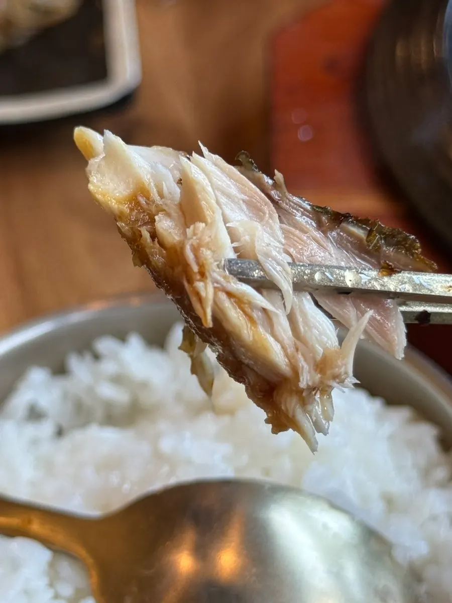 Picking up a piece of grilled mackerel
