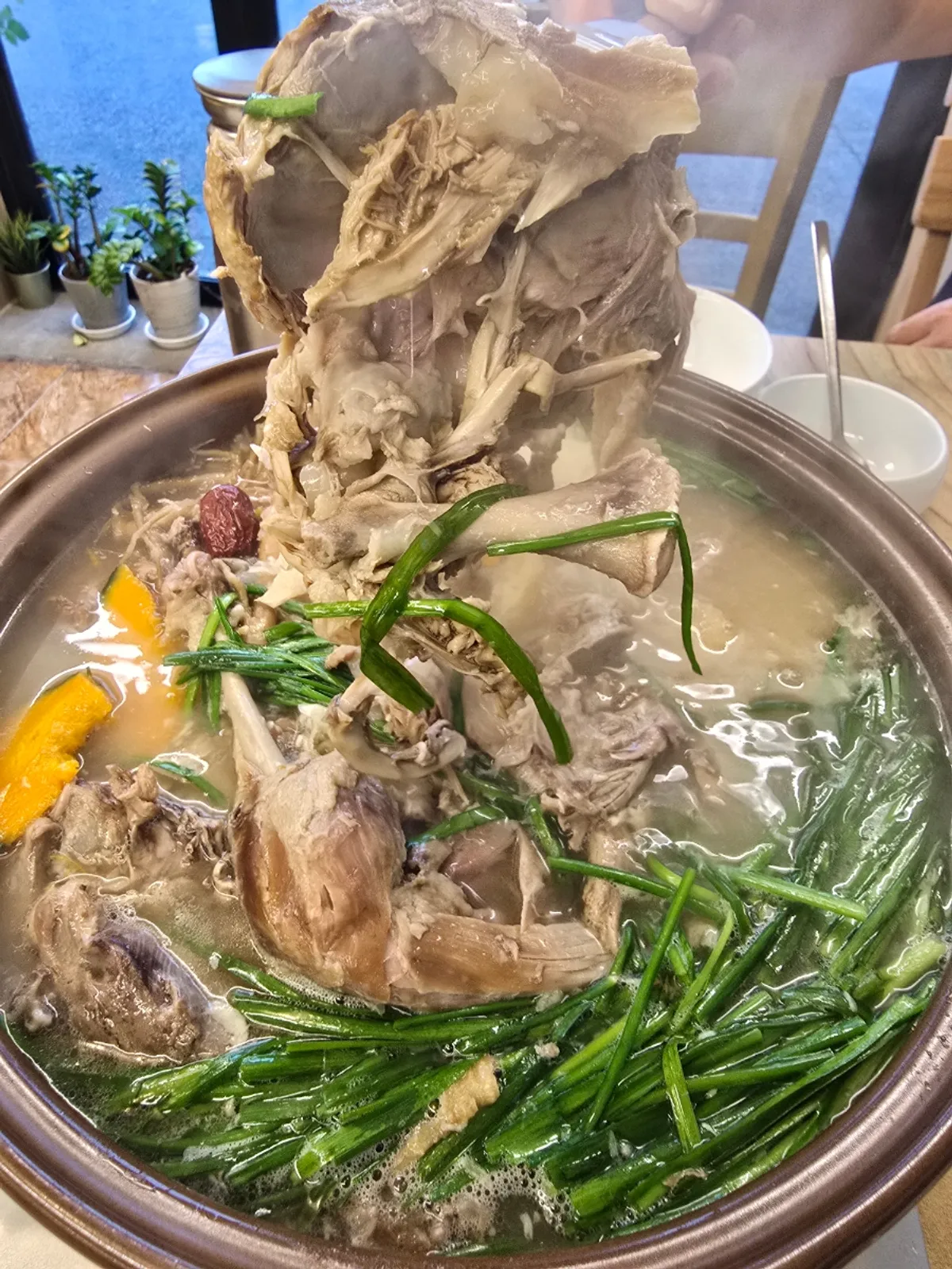 Tender baeksuk chicken pulled apart along the grain