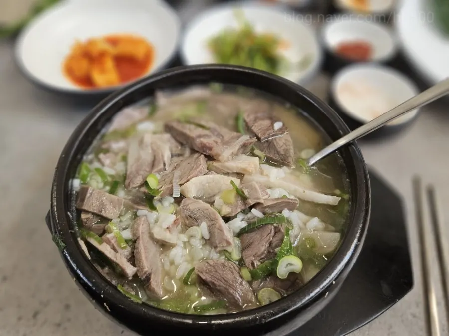 Sundaeguk with rice mixed in, meat floating to the surface