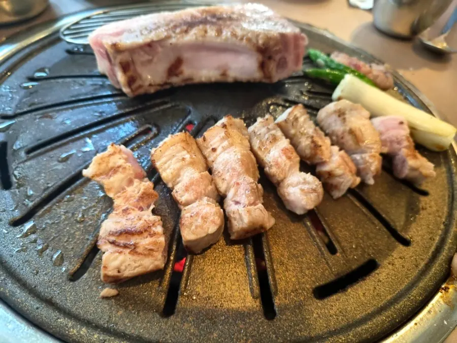 Chewy, well-cooked pork fresh galbi