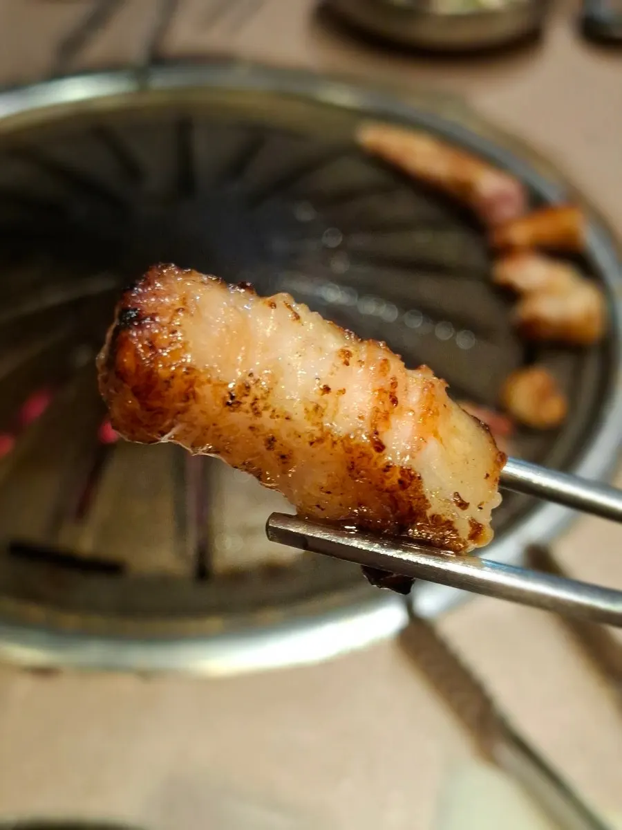 Close-up of a single piece of handmade fresh pork galbi