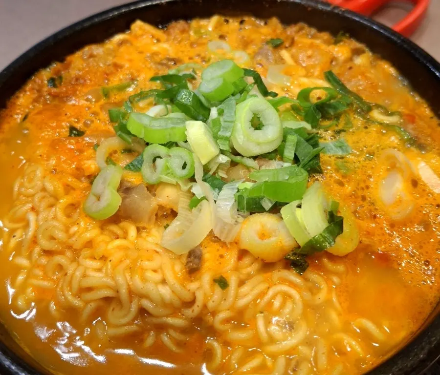 A bowl of Gukgojip's beef bone broth ramyeon