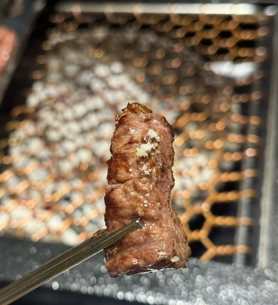A piece of sirloin cap dipped in salt