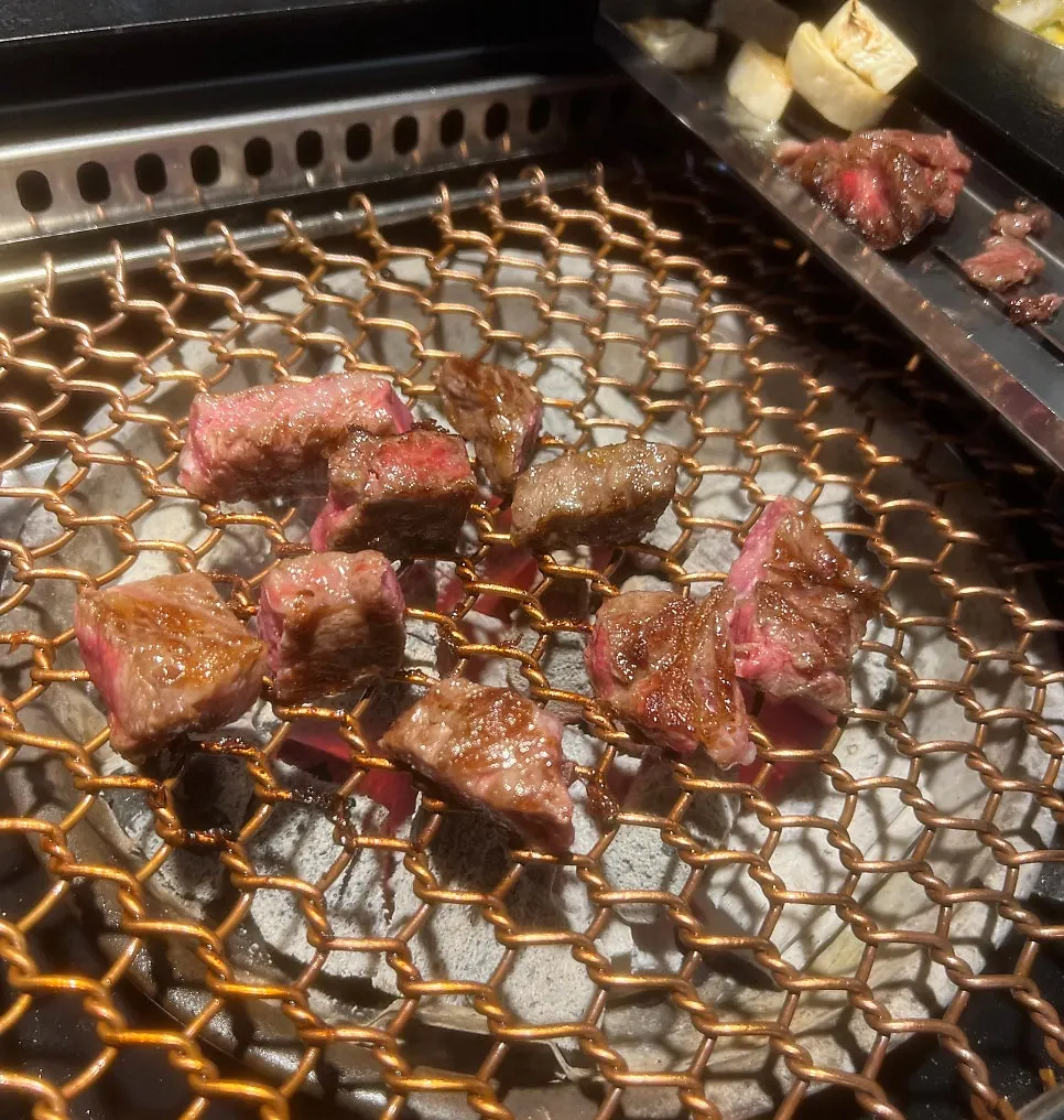 Hanwoo grilling on a copper-colored grate over charcoal