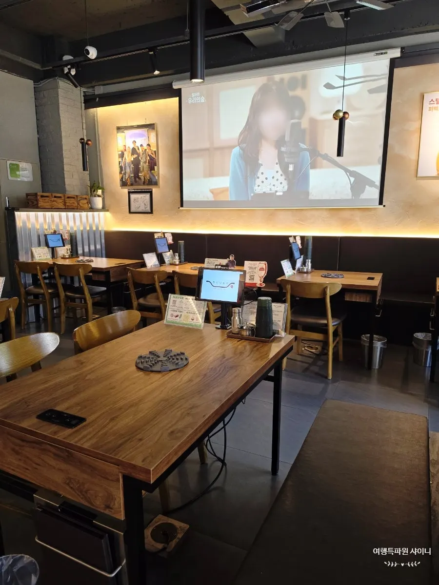 Seating area lit with warm interior lighting