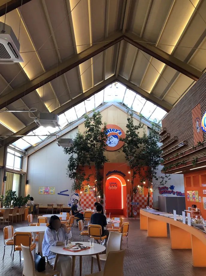 Café interior with high ceilings