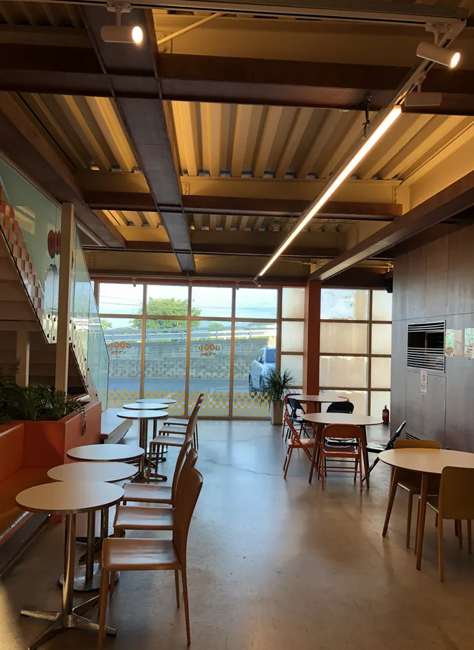 Café seating extending to the second floor